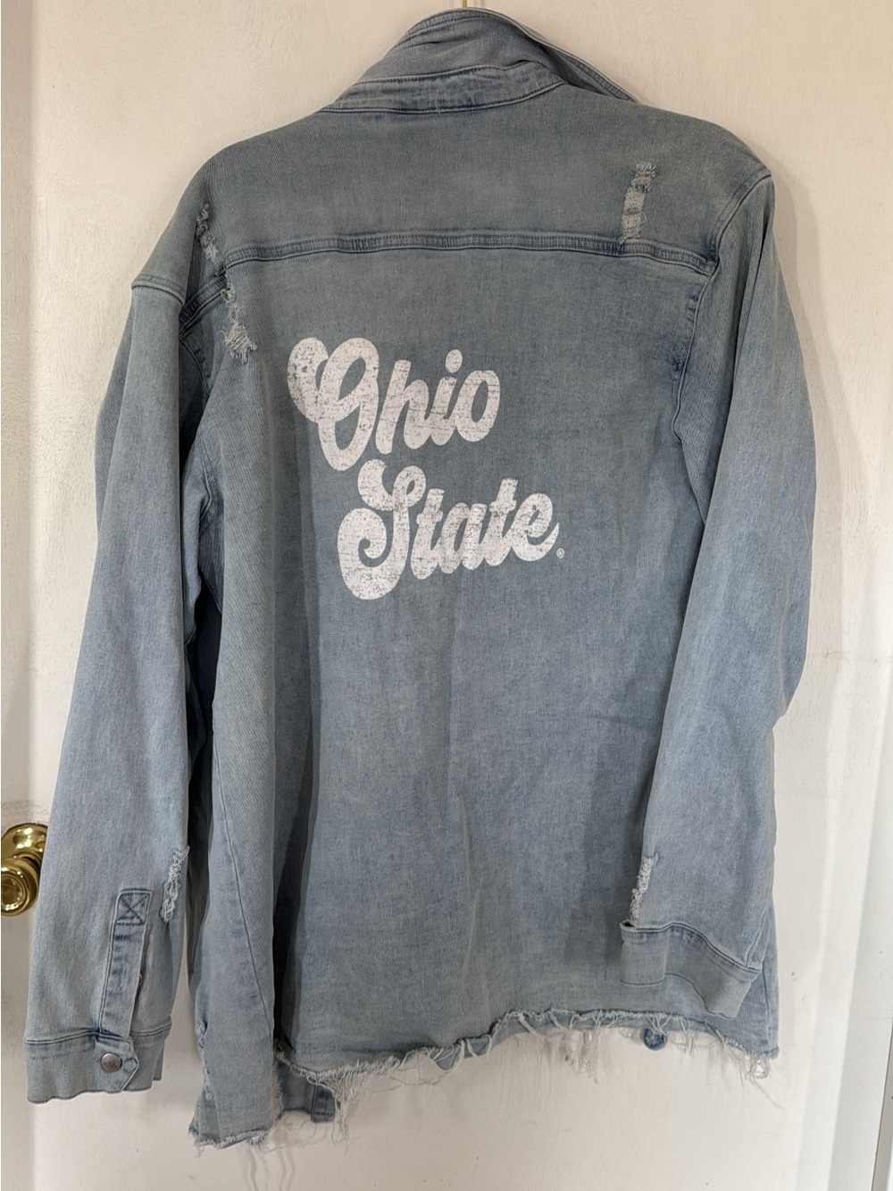 Ohio State Light Wash Distressed Denim Jacket